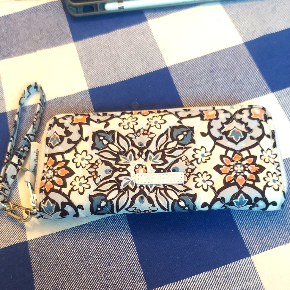 Vera Bradley Blue and Orange Wallet with Wrist Strap